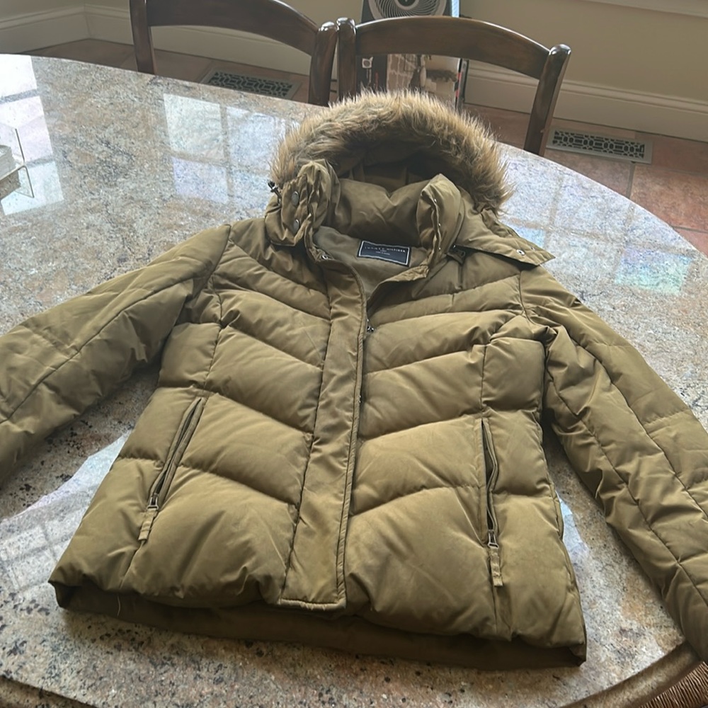 Tommy Hilfiger long down puffer, removable fur lined hood